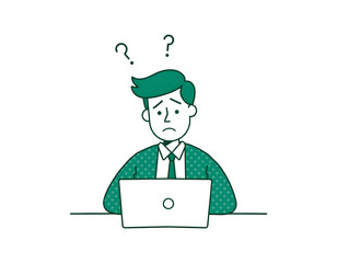 A minimalist digital illustration of a worried businessman sitting at a desk with a laptop, Generative ai