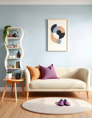 A stylish and cozy modern living room with a pastel blue wall. A cream-colored curved sofa is adorned with a textured purple pillow and a colorful throw blanket. Generative ai