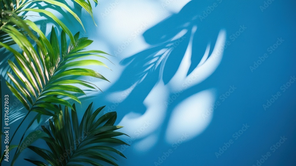 Poster minimalistic simple background for product presentation. shadow from tropical foliage and light on b