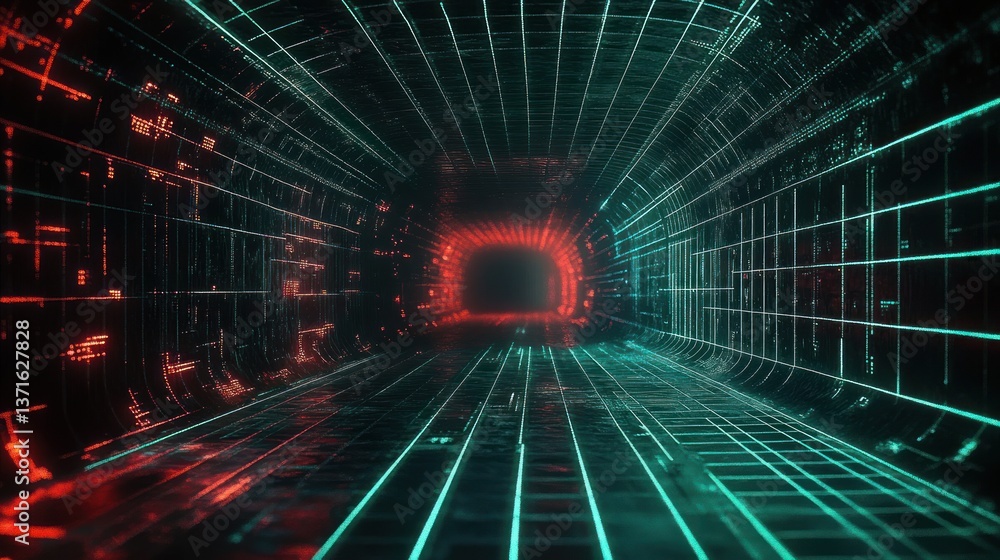 Poster futuristic cyberpunk tunnel abstract space with grid neon lights perspective view