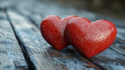 Obraz premium Representing love and affection perfect for Valentine's Day, Women's Day, or any romantic occasion, offering ample copy space for personalized messages, two red hearts lie on a gray wooden table.