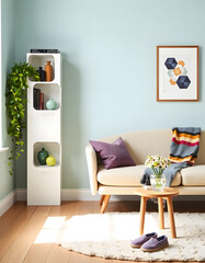 A stylish and cozy modern living room with a pastel blue wall. A cream-colored curved sofa is adorned with a textured purple pillow and a colorful throw blanket. Generative ai