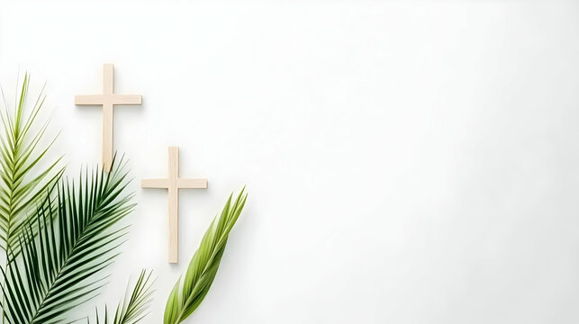 Photo of Wooden Crosses and Green Foliage on White Background
