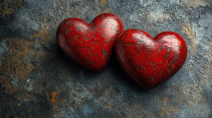 Fototapeta premium Representing love, affection, and Valentine's Day, creating a simple yet powerful symbol of romance and connection, two red hearts lie on a textured gray background.