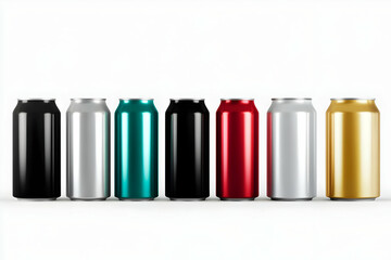 Fototapeta premium Realistic Photo of Seven Colored Cans on White Background Drink Products