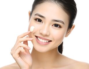 A beautiful young woman with clear, glowing skin applying a small amount of white cream to her cheek. 
 Generative ai