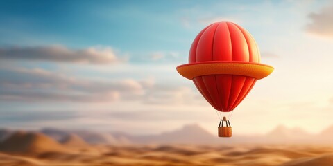Fototapeta premium A red hot air balloon soars serenely through a vast, open landscape. Adventure awaits in the tranquil sky.