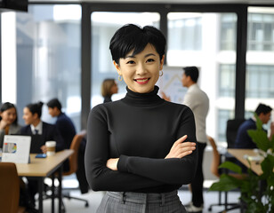 A confident Asian woman with short black hair and bangs, wearing a dark gray turtleneck sweater and gray trousers. Generative ai