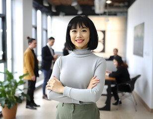 A confident Asian woman with short black hair and bangs, wearing a dark gray turtleneck sweater and gray trousers. Generative ai