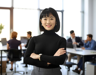 A confident Asian woman with short black hair and bangs, wearing a dark gray turtleneck sweater and gray trousers. Generative ai