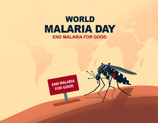 a mosquito sitting on human skin with a red warning sign. The text ‘World Malaria Day – End Malaria for Good’ is displayed boldly. Generative ai