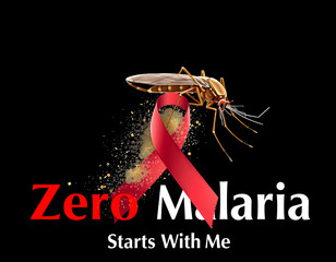 a giant mosquito dissolving into dust as a red ribbon. a light glow emerging from the words ‘Zero Malaria Starts With Me’. Generative ai