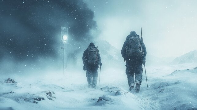 Arctic explorers braving snowstorm in frozen landscape during polar expedition in winter