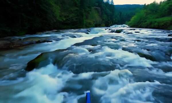 FPV drone flight over the fast moving river with rapids, close to the water.