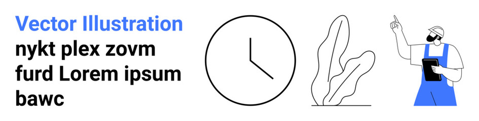 Worker in blue overalls holding a clipboard and pointing upward. Abstract clock and plant outline nearby. Ideal for business, workplace, time management, organization, productivity, project planning