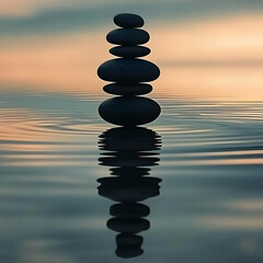 Stacked Stones Balanced on Water Surface Photo in Sunset Light