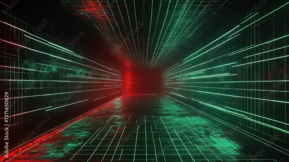 Poster futuristic cyberpunk tunnel with neon grid lines in red and green abstract space perspective