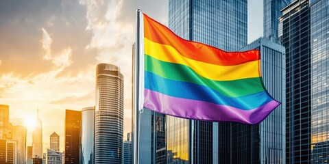 A rainbow flag waves proudly against a cityscape backdrop bathed in the warm hues of a setting sun.