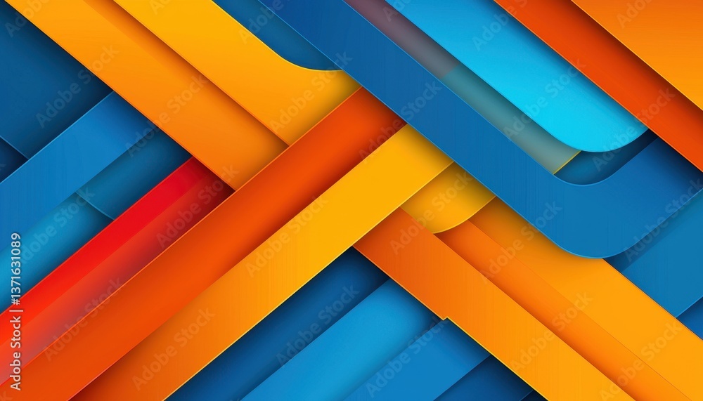 Poster abstract interplay of blue, orange, and yellow ribbons, creating a dynamic and visually engaging com