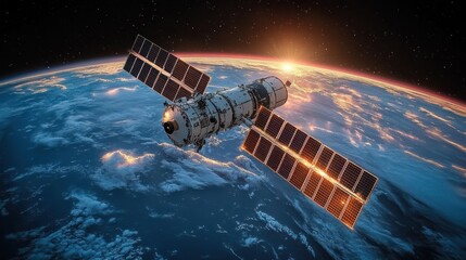 Satellite Orbiting Earth with Sunlight Reflections on Solar Panels in Space