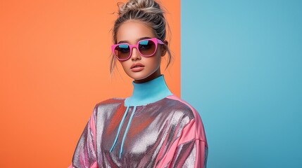 Stylish woman in pink sunglasses and metallic top against a vibrant two-tone background