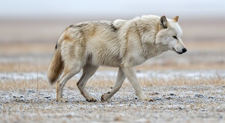 Obraz premium Majestic Arctic Wolf Strolling Through a Snowy Plain in Natural Habitat