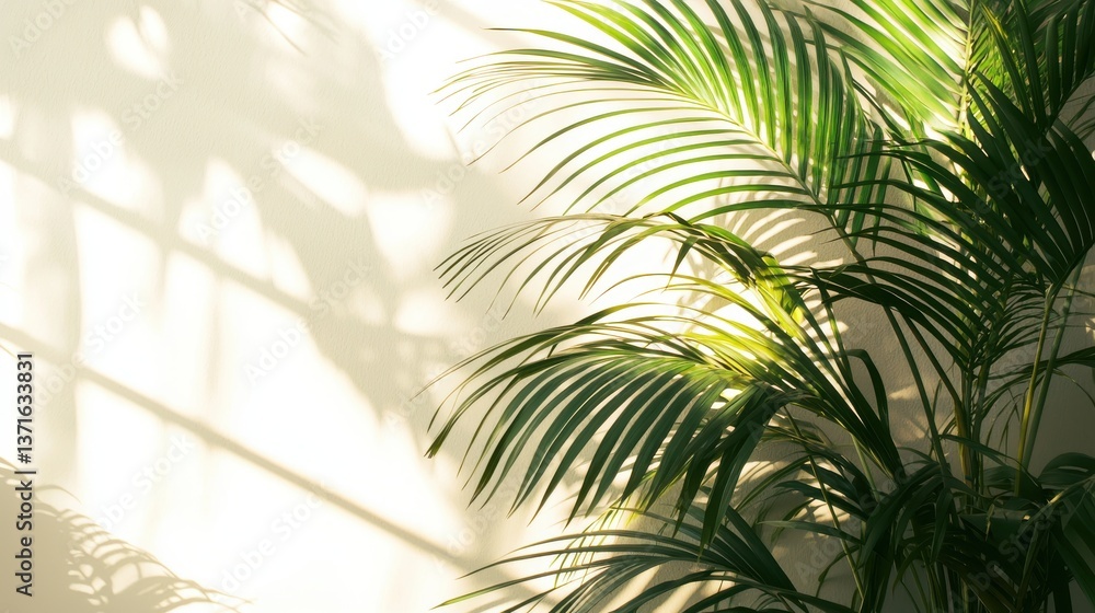 Poster soft shadows of palms on a light background for tranquil atmosphere.