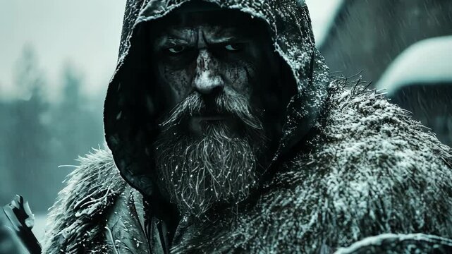 Hooded Viking in snowstorm with frozen intensity