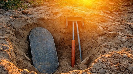 Ancient stone tablet with intricate carvings partially unearthed in desert sands, surrounded by delicate excavation tools. Archaeology, historical artifact discovery, ancient civilization research