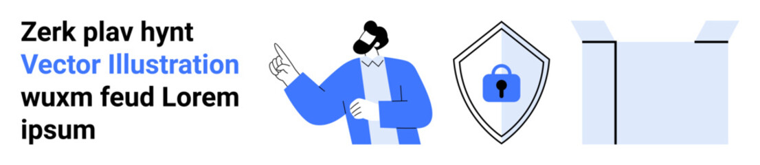 Man gestures to shield with lock, symbolizing security, beside an open box. Ideal for data protection, cybersecurity, logistics, e-commerce, privacy, online safety flat landing page banner