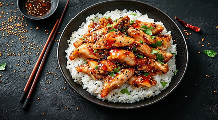 Delicious Teriyaki Chicken with Rice Bowl on a Dark Background