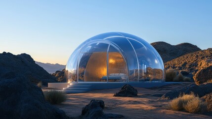 Futuristic transparent dome building with bed inside in a desert landscape.