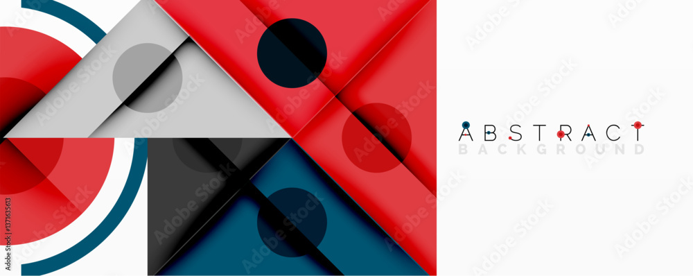 Poster geometric abstract design with layered triangles, circles, and gradients, forming a structured patte