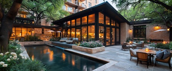 Tranquil courtyard with pool, patio furniture, and lush greenery at dusk