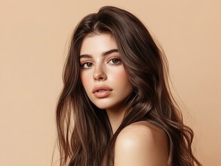 Naklejka premium A beautiful woman with long brown hair is posing, showing her shiny and smooth hairstyle against a light beige background for hair care concept.