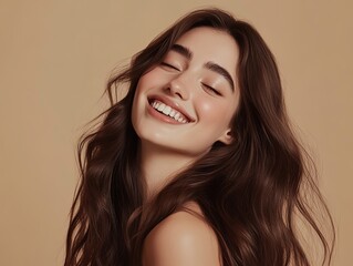 Fototapeta premium A beautiful woman with long brown hair is posing, showing her shiny and smooth hairstyle against a light beige background for hair care concept.