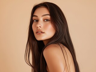 Naklejka premium A beautiful woman with long brown hair is posing, showing her shiny and smooth hairstyle against a light beige background for hair care concept.