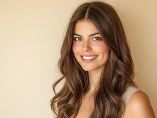 Naklejka premium A beautiful woman with long brown hair is posing, showing her shiny and smooth hairstyle against a light beige background for hair care concept.