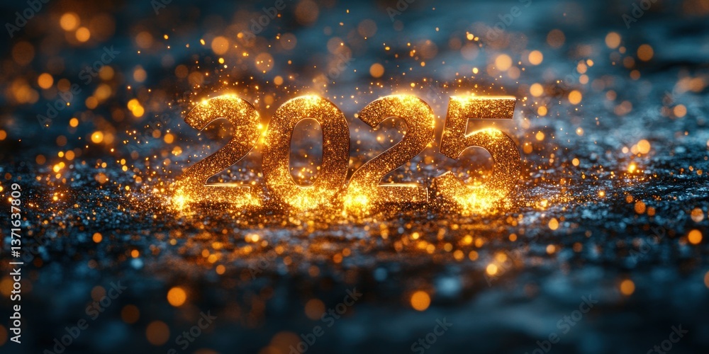 Fototapete new year 2025 gold typography greeting card design with sparkles and bokeh effects