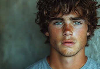 Fototapeta premium Desperate Sad Man with Curly Hair in Gray Shirt