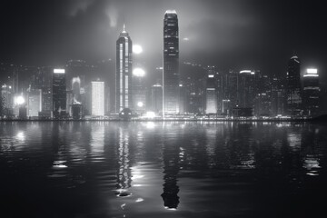Nighttime cityscape with skyscrapers and river reflecting urban lights