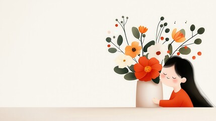 A child hugging a vase of colorful flowers, eyes closed in peaceful contentment, in a soft color scheme.