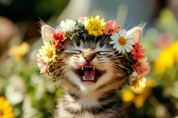 Vacation time happiness. Cute baby cat balinese wearing savage flower circlet on its head. Sunny daylight. Joyful pet with natureâ€™s touch. Cute kitten with a flower crown. Happy little kitte.
