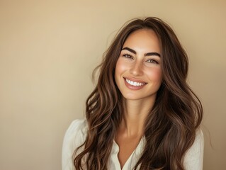 Fototapeta premium A beautiful woman with long brown hair is posing, showing her shiny and smooth hairstyle against a light beige background for hair care concept.
