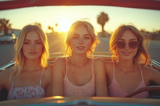Three women applying makeup in a convertible car on a sunny summer afternoon