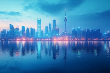 Obraz premium Cityscape view of skyline and water reflection during early morning light