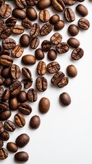 Obraz premium Roasted coffee beans composition on plain background offers earthy aroma and rustic appeal