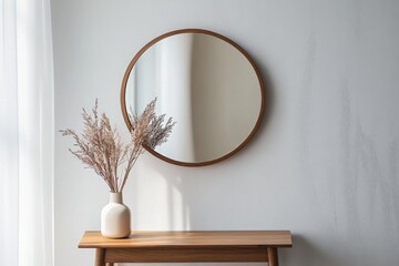 Minimalistic hallway with a round mirror and dried plants in a vase