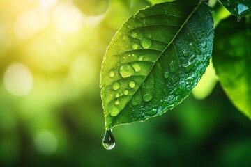 Close-up of a green leaf with a water droplet on tip in sunlight