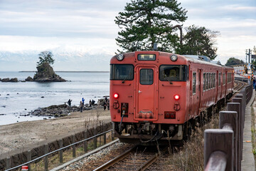 Fototapeta premium 雨晴海岸沿いを走る氷見線の列車